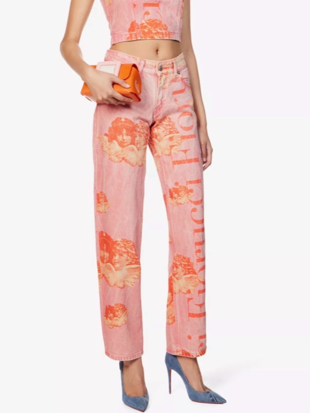 Fiorucci Sz 26 Angel Logo Pink Straight-Leg Jeans Orange Cherub Organic Cotton